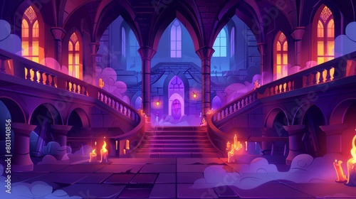 Illustration of a hall interior with a ghost at night in a medieval royal castle. Varied architectural details such as stairways  balustrades  glowing candles and fog can be seen in this baroque