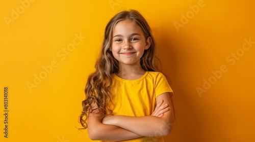 Smiling Girl on Yellow Background photo