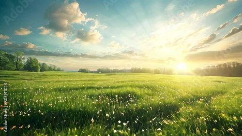 Sunrise over lush field with flowering plants and bright blue sky