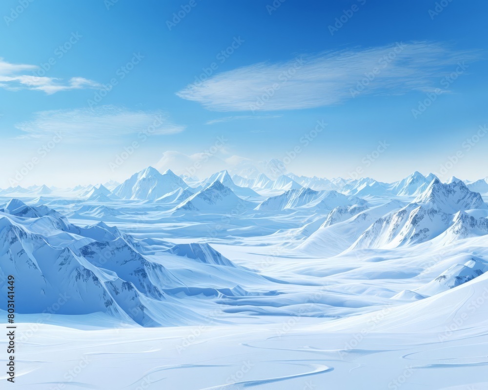 A panoramic landscape of a snowy mountain range under a clear blue sky, ideal for winter sports themes