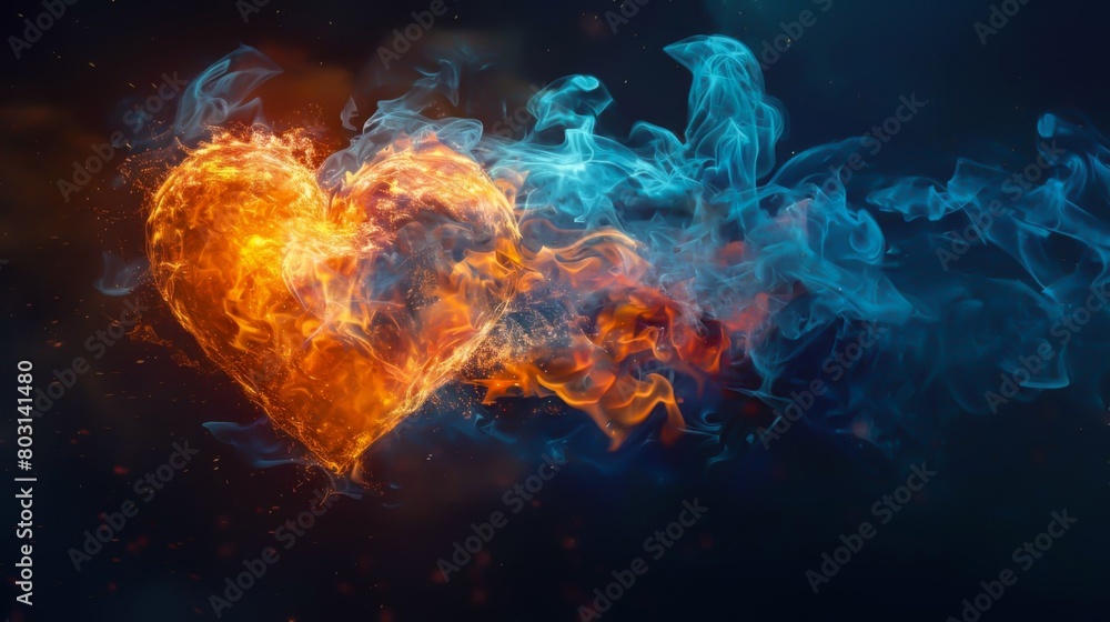 Fire heart pulse pattern merging into a calming blue background Fire heart pulse pattern merging into a calming blue background