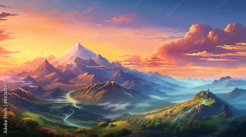 Obraz premium A panoramic view of a mountain range at sunset, with vibrant colors and clear skies