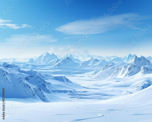 A panoramic landscape of a snowy mountain range under a clear blue sky, ideal for winter sports themes © Pakorn