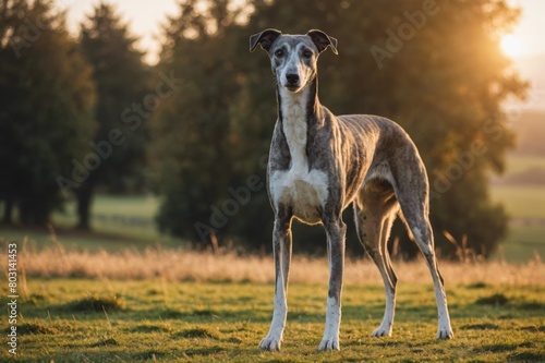 full body of Greyhound dog on blurred countryside background  copy space