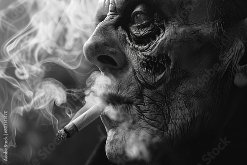 The zombie mans vacant eyes stare off into the distance as he absentmindedly smokes a cigarette, the smoke curling around his undead face photo