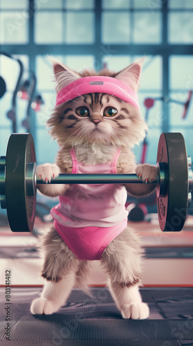 A cute athletic girly cat wearing a fitness outfitt, animated film style character, weight lifting, fitness background, hyper detailed, high resolution. Sports theme.
