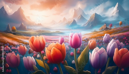 A dancing tulip action painting concept art detailed painting futurism hyperrealism digital art volumetric lighting, in a field, depth of field, 8k, a magical wonderland, pastel colours photo