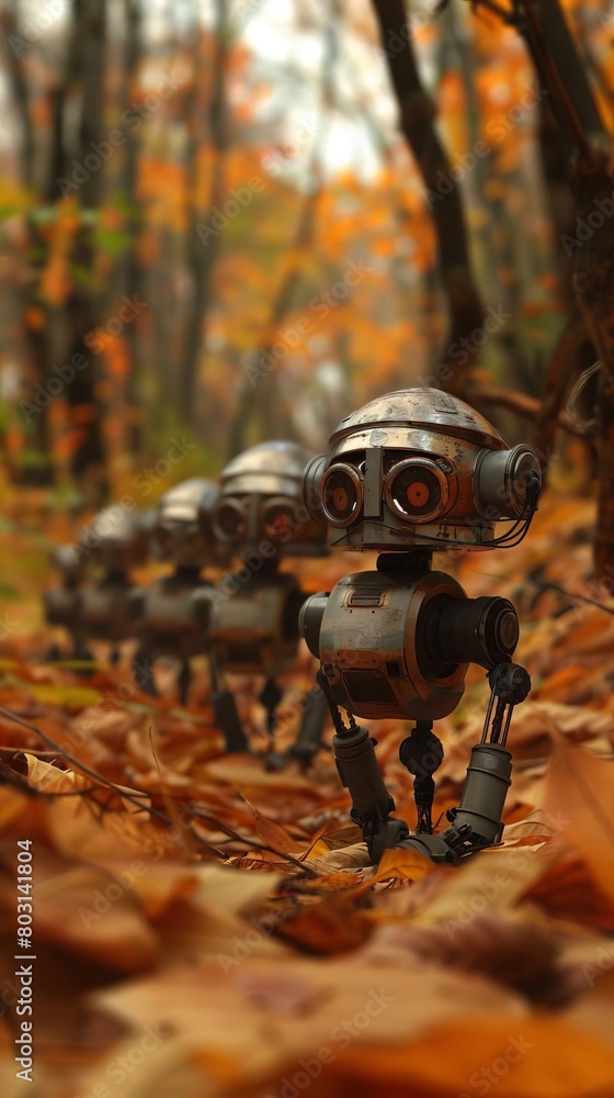 Self replicating robotic swarm in a forest, using fallen leaves and wood to create more units for environmental monitoring Self replicating robotic swarm in a forest, using fallen leaves and wood to create more units for environmental monitoring