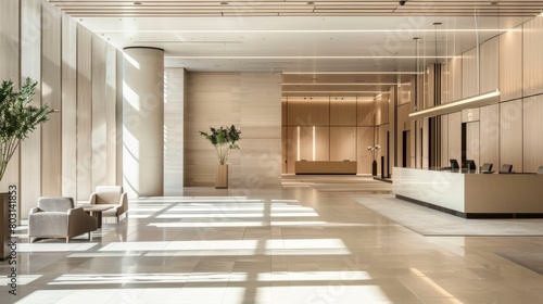 Minimalist Neutral Lobby with Sunlight Streaming In Stock Photo