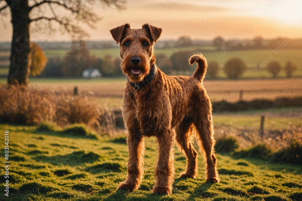 full body of Irish Terrier dog on blurred countryside background, copy space full body of Irish Terrier dog on blurred countryside background, copy space