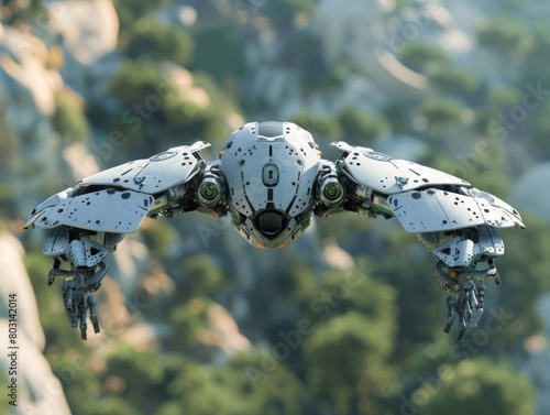 Bio inspired flying robot with wings that flap like a bird, demonstrated in a clear sky above a scenic landscape