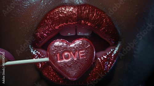 Red Lipstick and Love Candy Close-Up. Close-up of glossy red lips holding a heart-shaped candy with  LOVE  inscription.