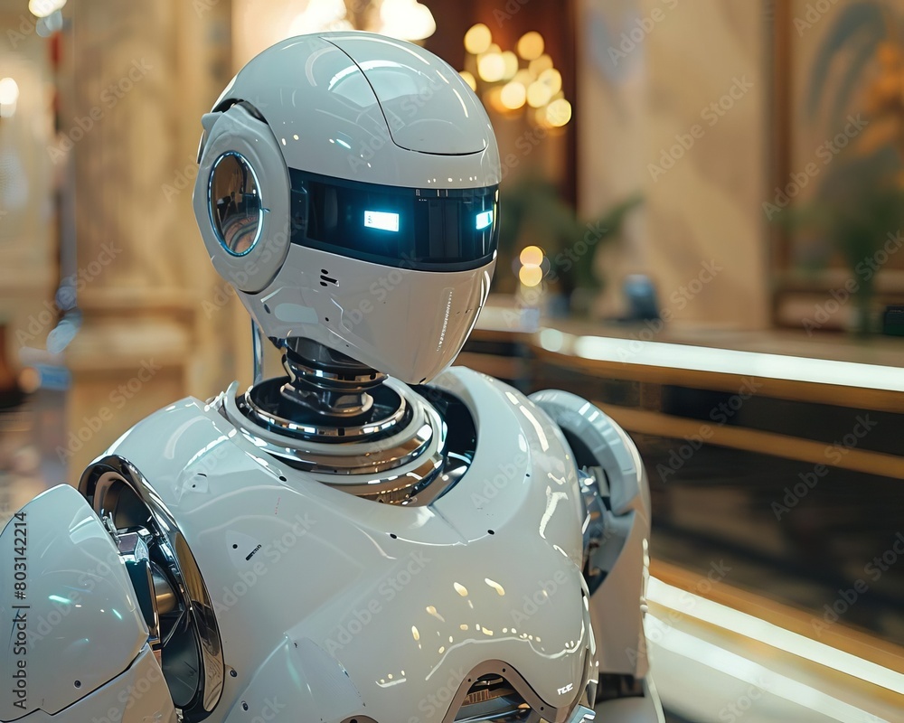 Humanoid robot working as a concierge in a luxury hotel, helping guests with check-in and providing tourist information Humanoid robot working as a concierge in a luxury hotel, helping guests with check-in and providing tourist information