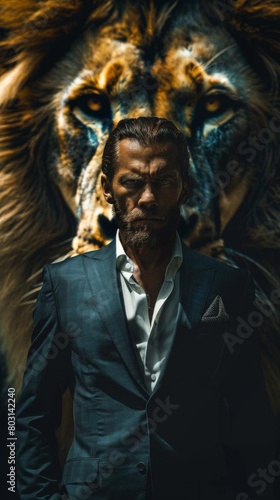 A businessman in a crisp suit standing tall and composed, facetoface with a fierce lion in the background, photo