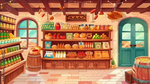 Eco store empty interior, grocery shop with organic products on wooden shelves. Dairy products, homemade sausages, bakery, honey, farmer food retail place, cartoon modern illustration. © Mark