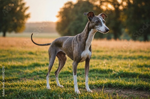 full body of Italian Greyhound dog on blurred countryside background, copy space