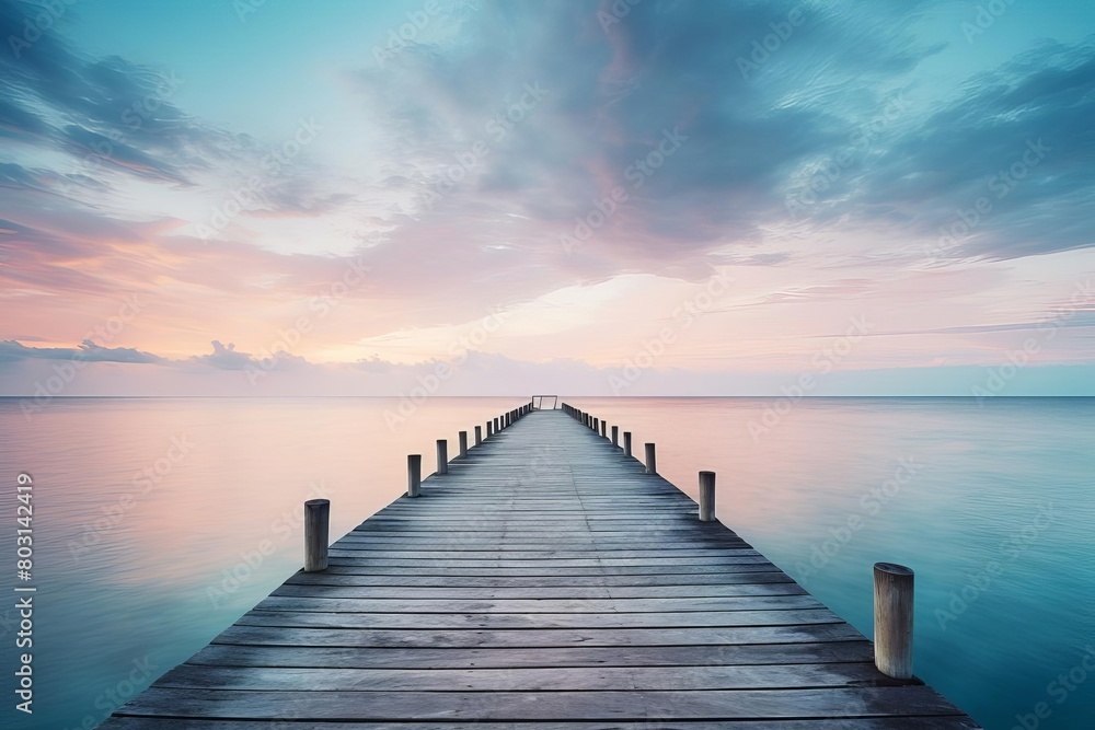 A serene coastal scene with a single wooden pier extending into a calm ocean at dawn, space for text