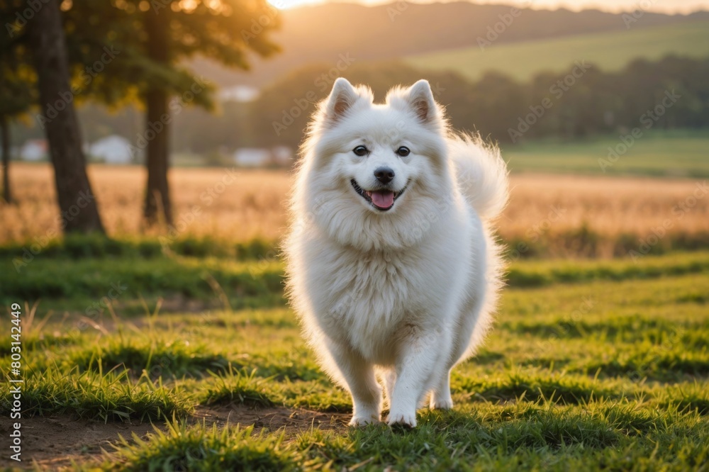 full body of Japanese Spitz dog on blurred countryside background, copy space