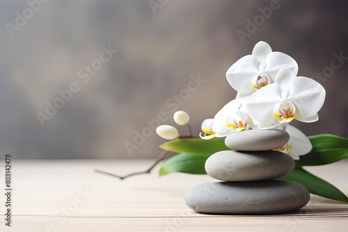 A soothing image of smooth stones stacked with a white orchid  spa concept with copy space