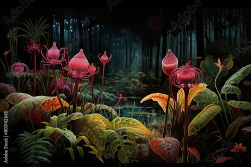 A vibrant scene depicting a small patch of Amazonian sundews, carnivorous plants with sticky leaves