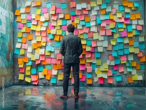 Business man standing in front of a wall covered in colorful post-it notes