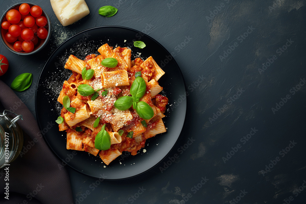 Pasta with tomato sauce and parmesan on dark background, top view. Italian food concept Pasta with tomato sauce and parmesan on dark background, top view. Italian food concept