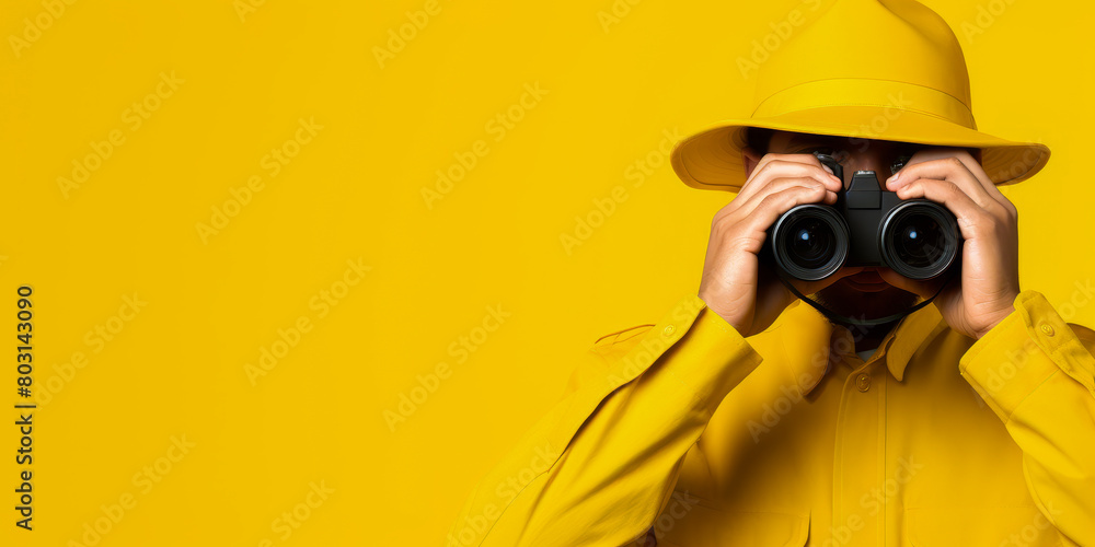 Fototapeta premium A vigilant observer using optical equipment to look closely, emerging from a yellow ruptured backdrop.