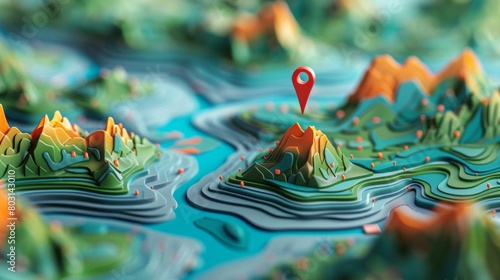 Design a geometrically abstract landscape with a location marker indicating a specific spot on a map photo