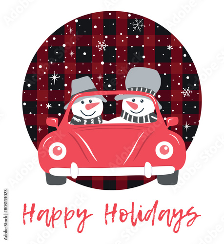 Cute snowmen in a red car. Christmas Greeting card template. Two snowmen in gray hats and scarves. Winter Vector illustration on classic winter background with snow, snowflakes. Text Happy Holidays