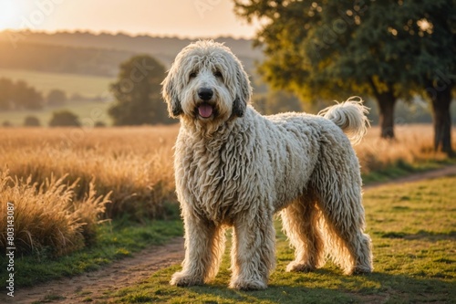 full body of Komondor dog on blurred countryside background, copy space photo