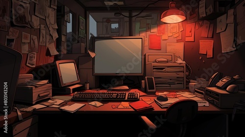 An empty, cluttered cubicle with a missing computer, signaling job loss or business failure