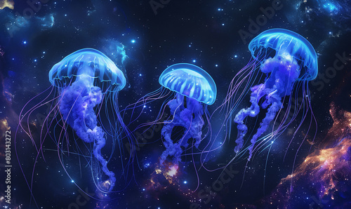 A glowing jellyfishs floating in space, its iridescent body reflecting the cosmic backdrop with vibrant colors. The creature's tentacles dance gracefully as it floats through deep blackness