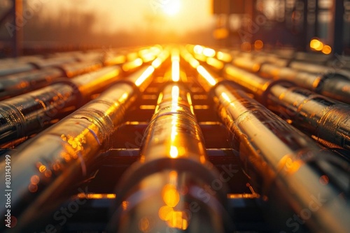 Seamless array of steel pipes in a storage yard with labels and tags visible, under the soft glow of sunset, perfect for industrial themes