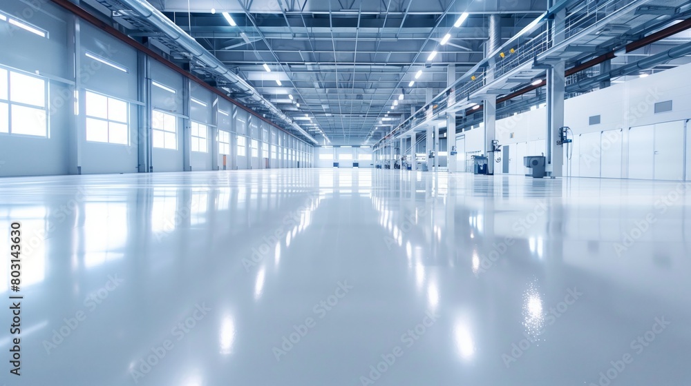 Spacious industrial facility with shiny self-leveling epoxy floor and high ceilings, illuminated by natural light.