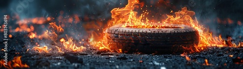 The scorched rubber of the tire is twisted and melted, leaving behind a trail of black residue on the street as flames dance around it photo