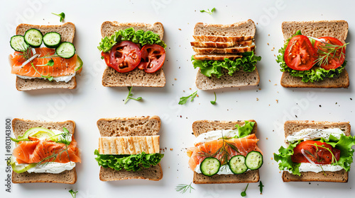 Grid of tasty sandwiches with canned smoked sprats 
