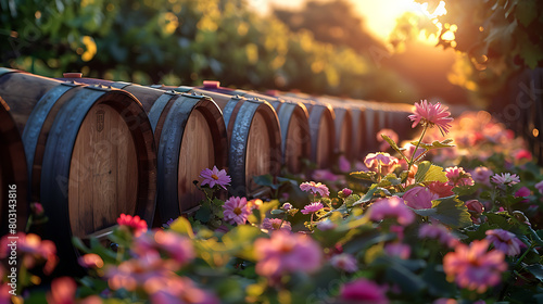 wine barrels in vineyard - bright summer photo