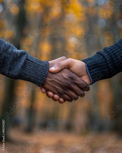 Two men from different backgrounds clasping hands in a gesture of mutual respect and understanding