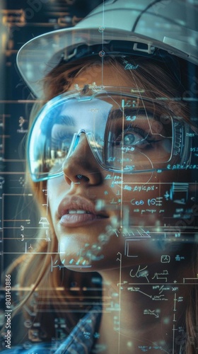 Woman engineer in hardhat overlaid with blueprint sketches and construction machinery