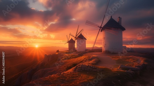 Breathtaking sunset over traditional windmills on a rocky hilltop, casting warm light across the landscape. photo