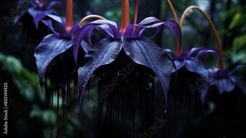 Closeup of a flowering Tacca, or bat flower, known for its unusual black flowers, in the depths of the jungle photo