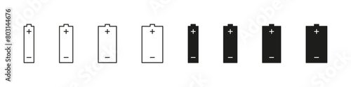Bettery vector icon set. Batteries plus and minus icons.