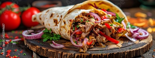shawarma in pita bread with fresh vegetables and creamy sauce on wooden background, Generative AI,