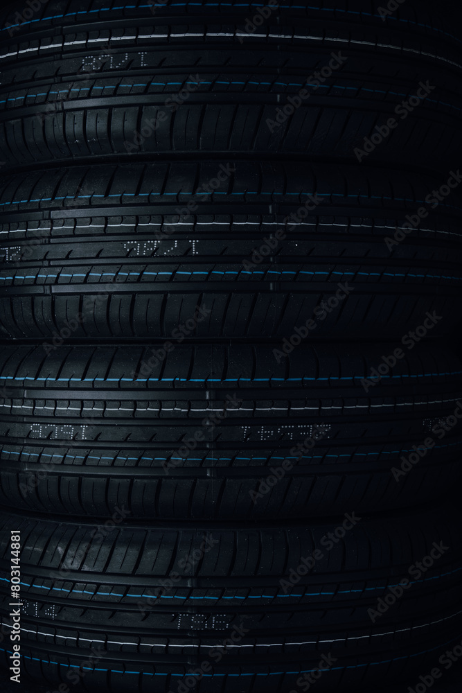 Fototapeta premium Car tires on black background. Tires stacked in a row.