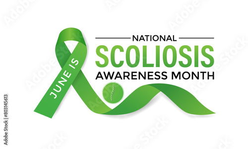Vector illustration on the theme of National Scoliosis awareness month observed each year in June. Green ribbon with human body design illustration. Banner poster, flyer and background design.

