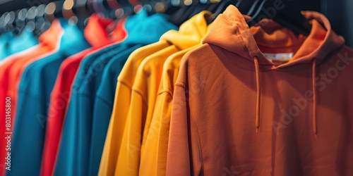 Row of different colorful youth cashmere sweaters and hoodies, sweatshirts and on a clothes rack. Multicolored sweaters, hoodie hang on hangers in clothing store for sale. Set of fashion clothes