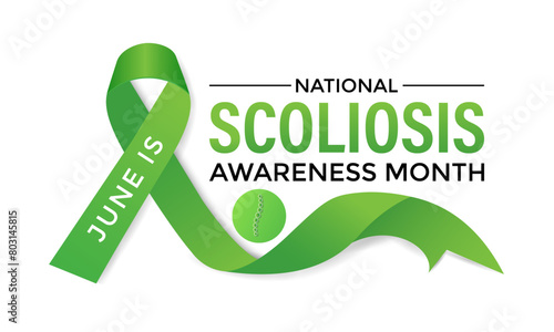 Vector illustration on the theme of National Scoliosis awareness month observed each year in June. Green ribbon with human body design illustration. Banner poster, flyer and background design.

