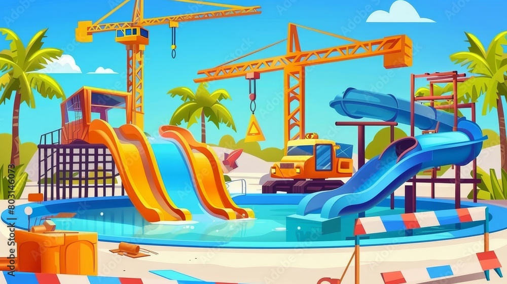 An aqua park is being rebuilt with swimming pools, slides, and palm trees. Modern illustration of a construction site with barrier tape, cranes, and excavators.