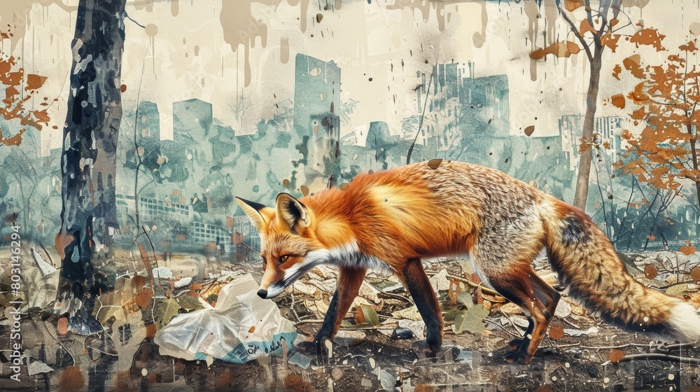 Fototapeta premium A whimsical illustration of a fox playing with a discarded plastic bag in a city park showcasing the impact of urban development on wildlife..