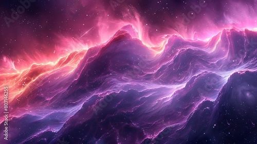 Create an artistic representation of aurora cosmic, with surreal waves of purple and pink undulating over a craggy planetary terrain. photo